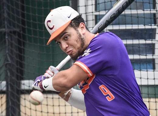 Clemson catcher Jonathan French(9) during batting practice at the first official team Spring practice at Doug Kingsmore Stadium in Clemson Friday, January 24, 2020.