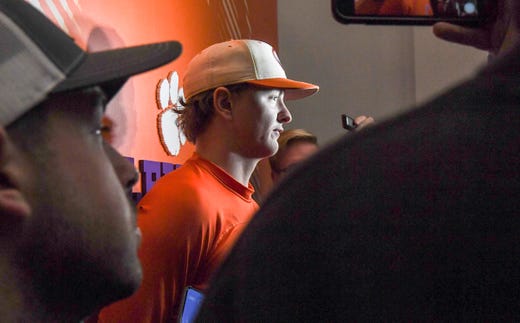 Clemson sophomore Adam Hackenberg(17) talks with media before their first official team Spring practice at Doug Kingsmore Stadium in Clemson Friday, January 24, 2020.