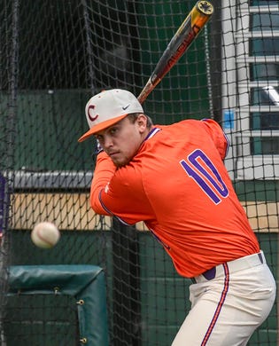 Clemson sophomore Bryar Hawkins(10) during batting practice at the first official team Spring practice at Doug Kingsmore Stadium in Clemson Friday, January 24, 2020.