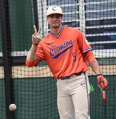 Clemson sophomore Sam Hall(5) during batting practice at the first official team Spring practice at Doug Kingsmore Stadium in Clemson Friday, January 24, 2020.