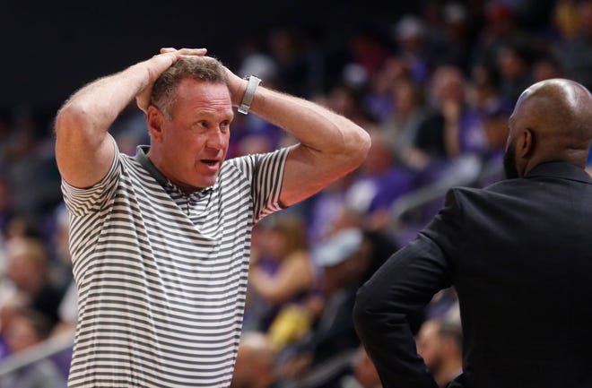 GCU's head coach Dan Majerle reacts after a foul call against Seattle University during the second half at Grand Canyon University Arena in Phoenix, Ariz. on January 23, 2020. 