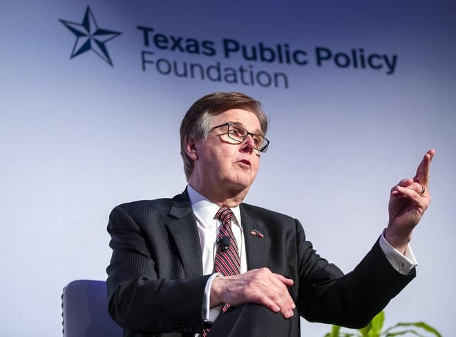 Lt. Gov. Dan Patrick speaks Thursday at the Texas Public Policy Foundation in Austin.