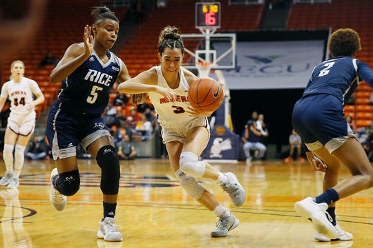 UTEP's Katia Gallegos goes against Rice's Destiny Jackson during the game Thursday, Jan. 23, at the Don Haskins center in El Paso.