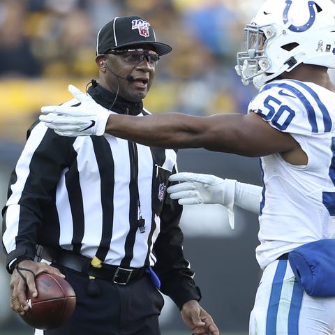 Umpire Barry Anderson works the Colts-Steelers gam