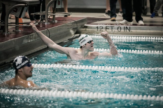 Delbarton freshman Rob Alexy reacts after winning the 200-meter freestyle at the Morris County Championships on Jan. 25, 2020 at Morristown High School.