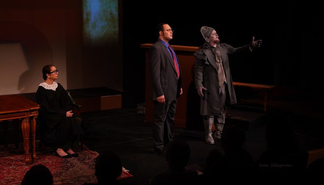 Ruth Bader Ginsburg (Lauren Cook) and Antonin Scalia (Camron Gray) learn the vision of the Commentator (Cameron Jackson) in "Scalia/Ginsburg."