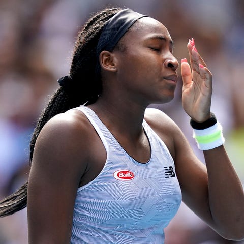Coco Gauff reacts during her fourth round match ag