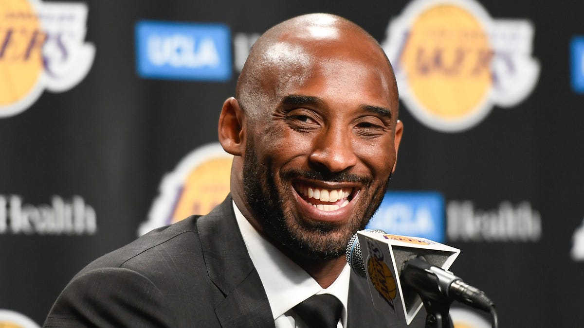 Former Lakers star Kobe Bryant speaks to the media before his number retirement ceremony at Staples Center in December 2017.