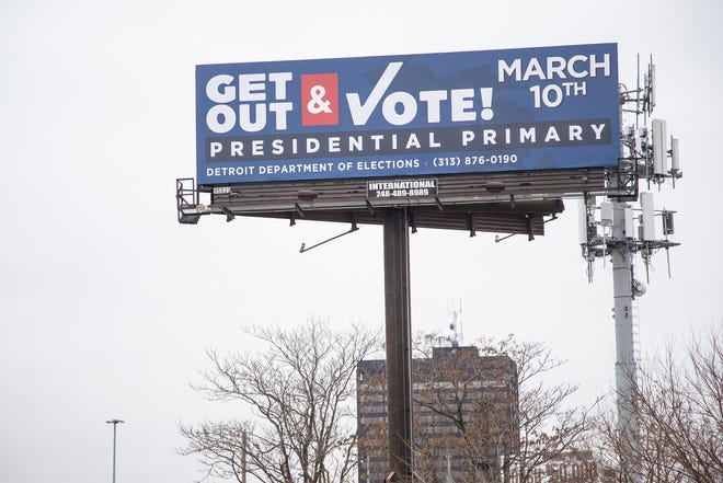 A Get Out and Vote sign near M-10 and Labrosse Street in Detroit, Monday, Jan. 27, 2020.