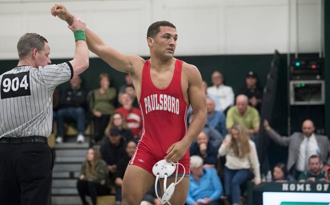 Paulsboro’s Brandon Green defeated West Deptford’s Cody Thurston by pin during the 182 lb. bout of the wrestling match held at West Deptford High School on Monday, January 27, 2020.  