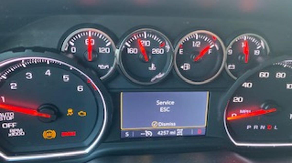 The dashboard of Brian Duscher's 2019 Chevrolet Silverado Z71 on Jan. 16, right before his electronic brakes failed.