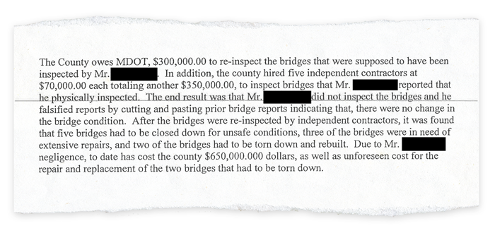 A portion of the Wayne County Prosecutor's Office regarding its investigation of falsified bridge inspections in the county.