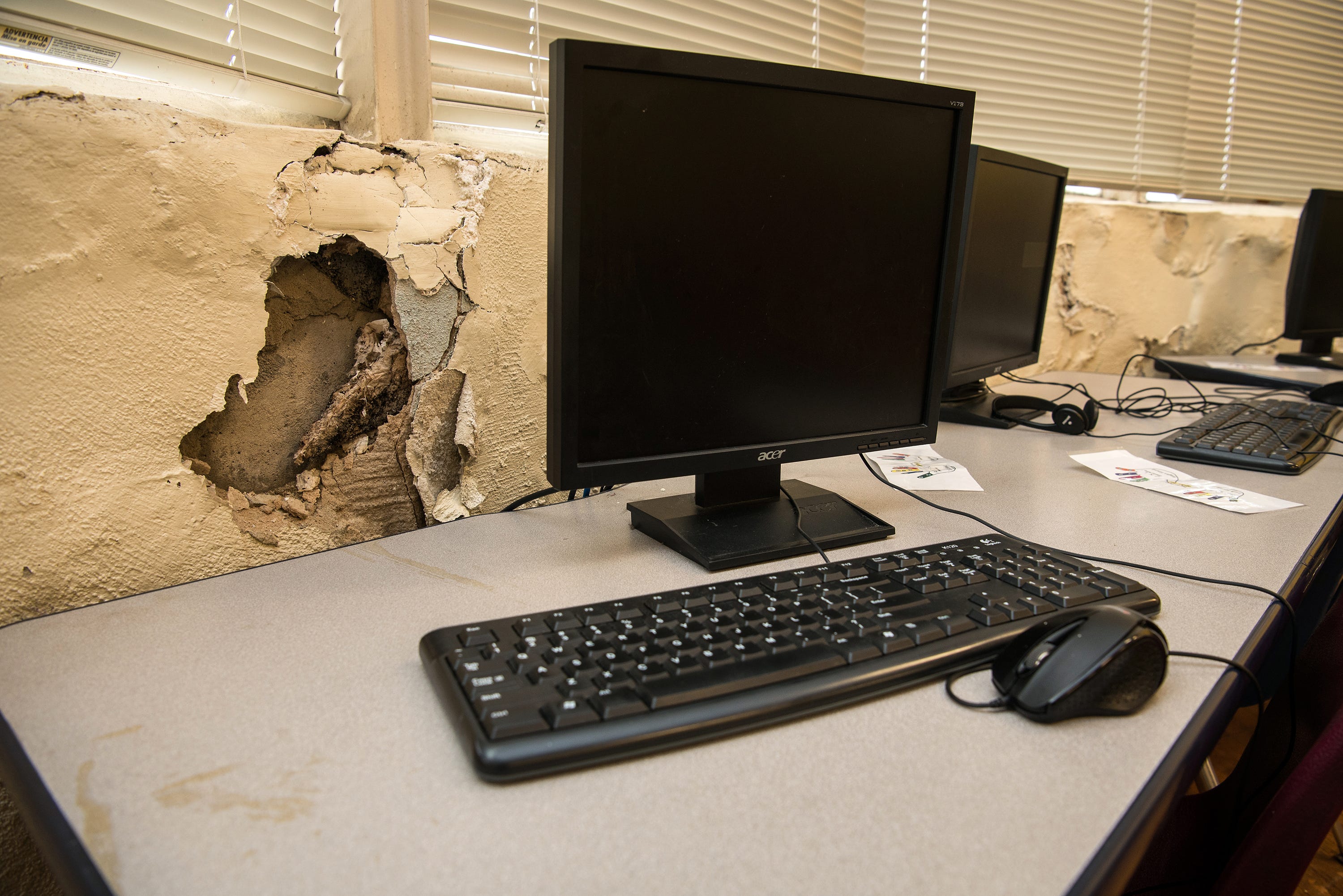 A cracked wall in a classroom at Durant Elementary in Durant