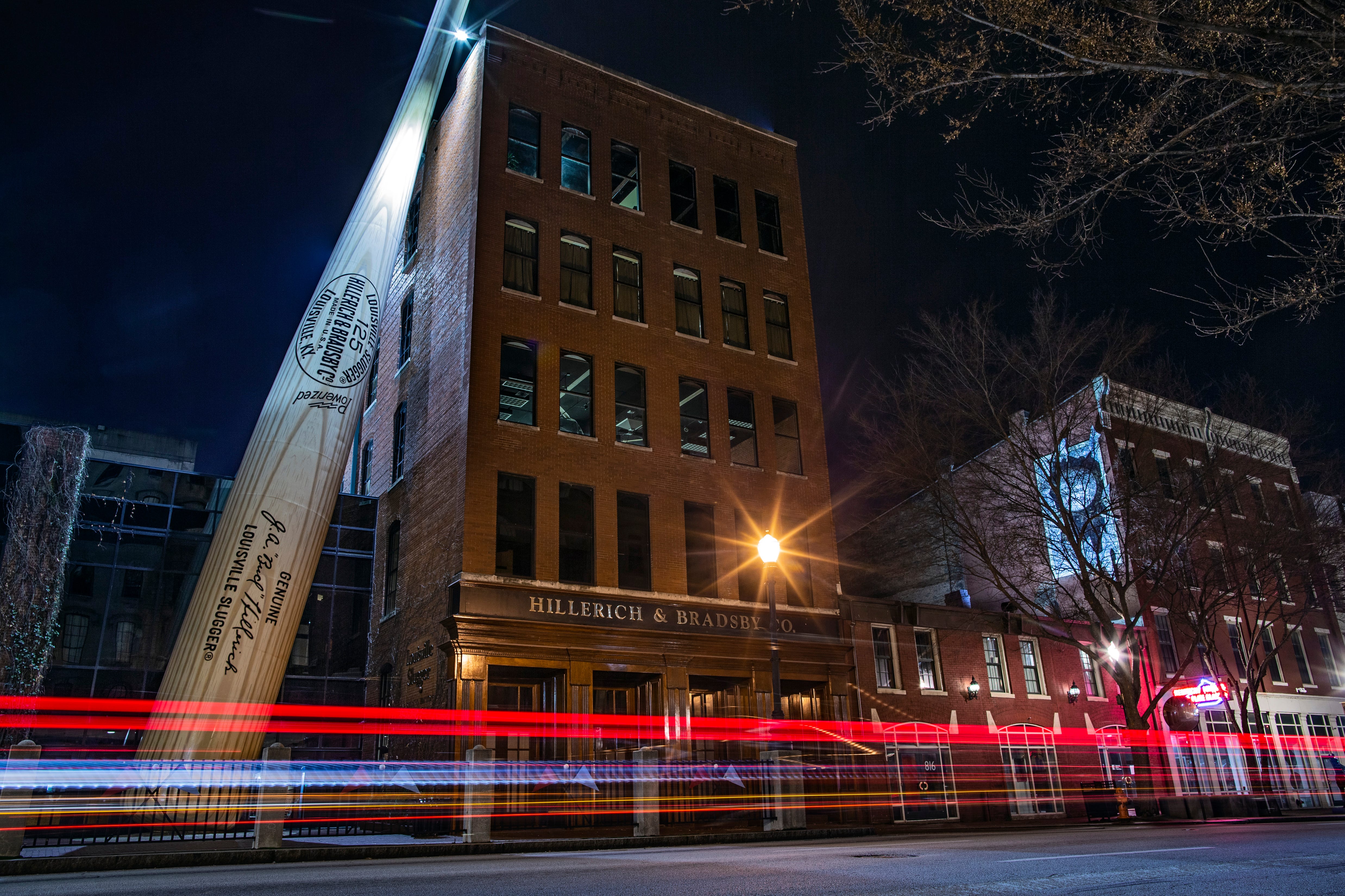 9:12 PM

Vehicles streak past outside the Louisville Slugger Museum on a quiet evening in downtown Louisville on Jan. 13, 2020.