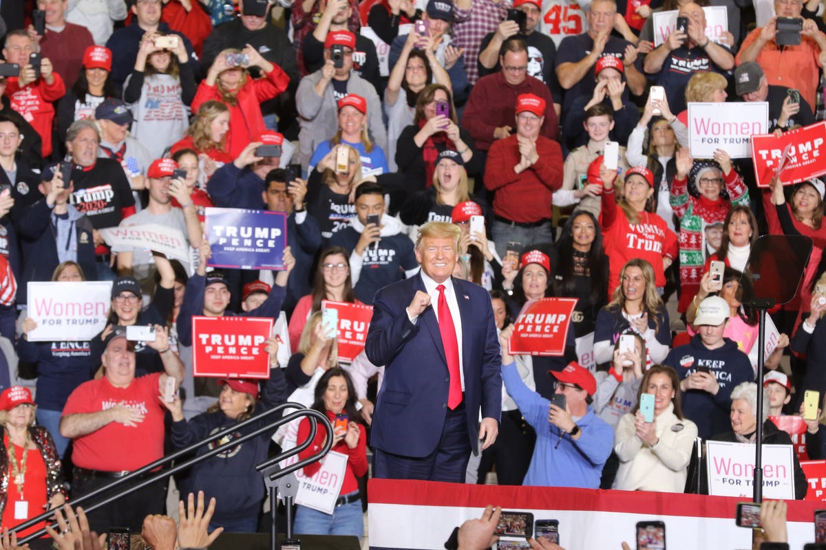 President Donald Trump appears before his supporters at a rally at the Wildwoods Convention Center on Tuesday, Jan. 28, 2020.