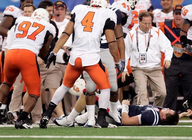 Former Ole Miss quarterback Jevan Snead collapsed on the field after a helmet-to-helmet hit at the 2010 Cotton Bowl.