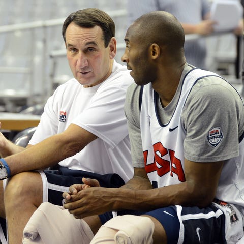 Mike Krzyzewski and Kobe Bryant in July 2012.