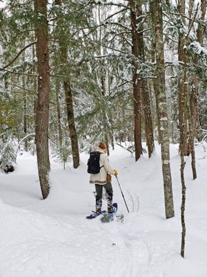 Jon Michels snowshoes through a section of the Apostle Islands National Lakeshore on the Bayfield peninsula.