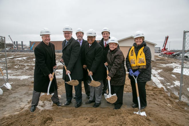 The Schoolcraft College Board of Trustees celebrates the groundbreaking for the new St. Joe's Mercy Elite Sports Center on Monday, January, 27, 2020. Pictured from left to right are: Terry Gilligan, Treasurer; Brian D. Broderick, Chair; William P. Erwin, Jr., Trustee; Dr. Conway A. Jeffress, President; Dillon E. Breen, Trustee; Carol M. Strom, Vice Chair; and Joan A. Gebhardt, Secretary.