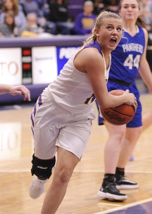 Unioto's Emily Coleman drives into the lane during a 47-37 win over Southeastern on Thursday Jan. 30, 2020 as the Shermans clinched the outright SVC championship at Unioto High School in Chillicothe, Ohio.