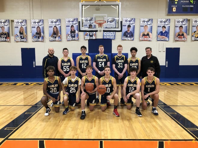 The Day School basketball team will play at Bankers Life Fieldhouse on Saturday. Front row: Dylan Kanetkar, Shane Hart, Brant Wilsey, Tyler Myers, Grant Bivins and Brock Wilsey. Back row: Coach Braun, Reid Staubitz, Drew Phillips, William Foster, Brandon Foster, Hamza Rimawi and coach Wilsey. Not pictured: Aidan Kunst.