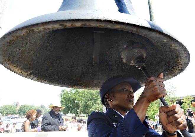 The Memorial Bell is rung during a ceremony on the Alabama State campus honoring the 50th anniversary of the Rev. Martin Luther King Jr.'s "I Have a Dream" in 2013.