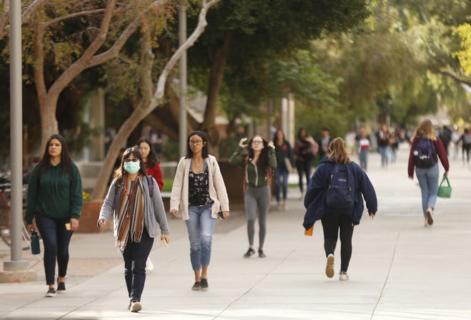 Students make their way to and from classes on ASU's campus in Tempe on Jan. 27, 2020.