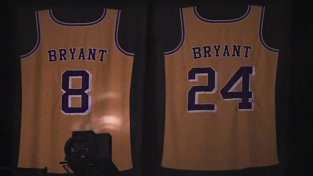 Kobe Bryant's Lakers jerseys remain illuminated during Thursday's Clippers game at Staples Center.
