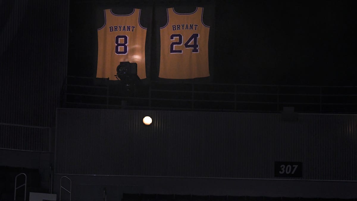 Kobe Bryant's Lakers jerseys remain illuminated during Thursday's Clippers game at Staples Center.