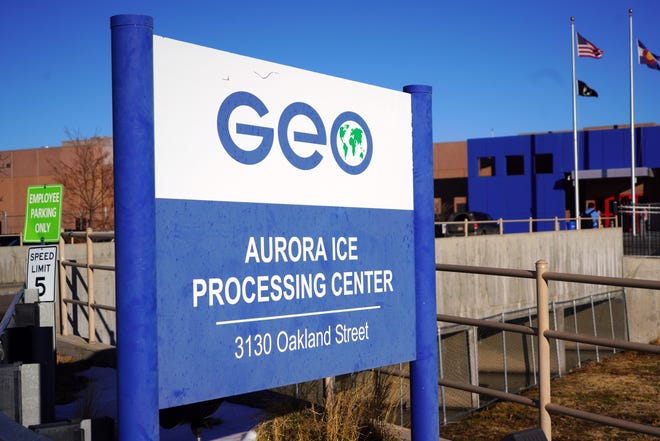 A sign at the Aurora GEO ICE Processing Center in suburban Denver. The detention facility can hold about 1,400 detainees.