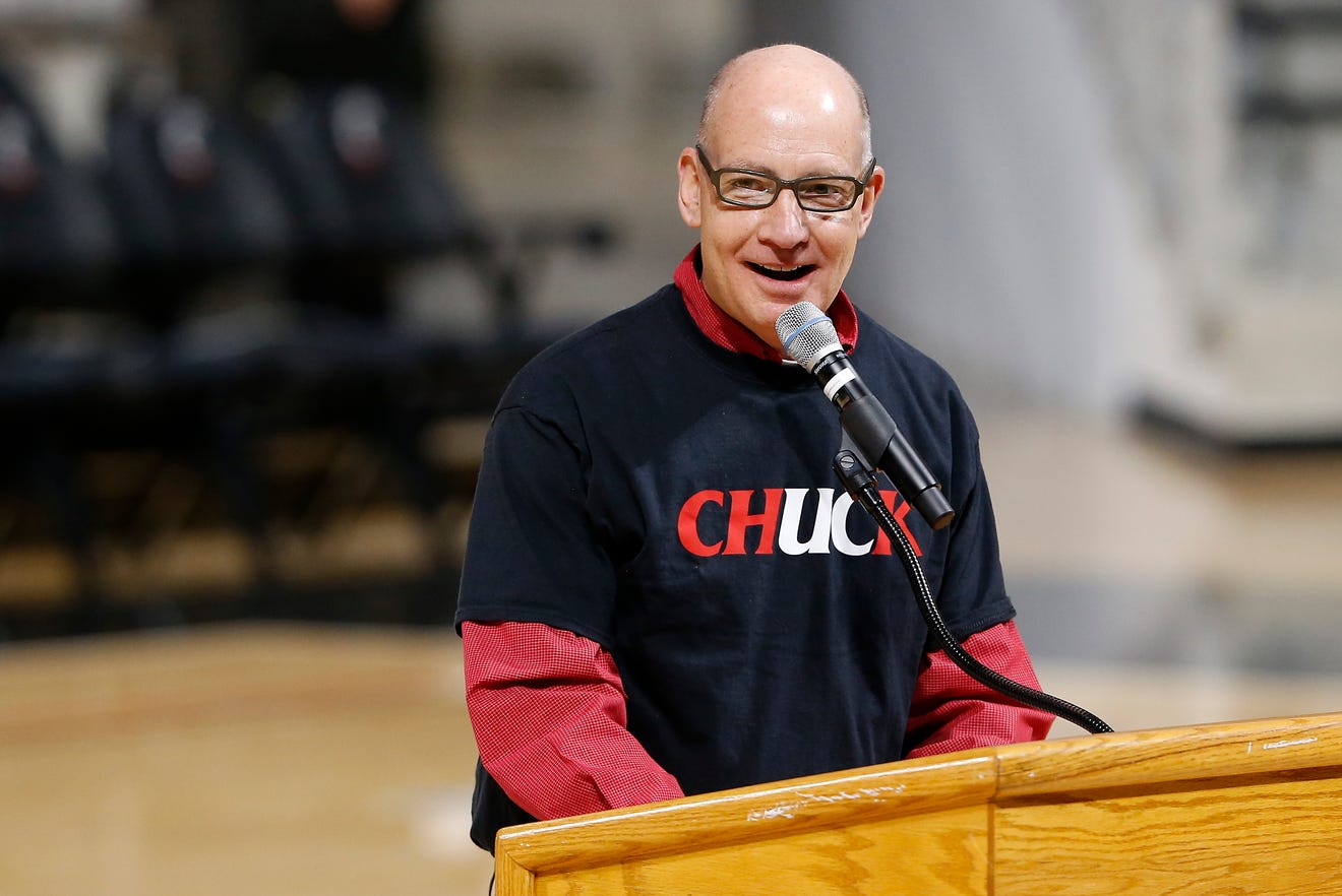 Bearcats broadcast Dan Hoard speaks about his time working with Chuck Machock during a memorial service for former University of Cincinnati basketball player, coach and broadcaster Machock at Fifth Third Arena in Cincinnati on Friday, Jan. 31, 2020.