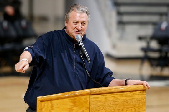 Former Bearcats coach Bob Huggins talks about his long time friend and mentor during a memorial service for former University of Cincinnati basketball player, coach and broadcaster Chuck Machock at Fifth Third Arena in Cincinnati on Friday, Jan. 31, 2020.