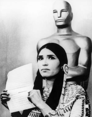 Sacheen Littlefeather appears at the Academy Awards in 1973 to announce that Marlon Brando was declining to accept his best actor Oscar for "The Godfather."