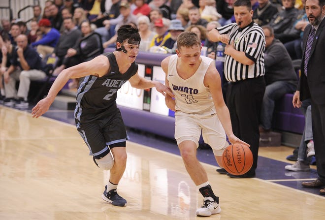 Unioto's Isaac Little dribbles the ball outside of the perimeter during a 58-41 win over Adena on Saturday, Feb. 1, 2020, at Unioto High School in Chillicothe, Ohio.