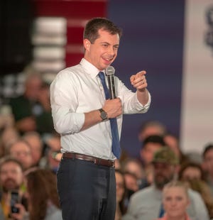 Pete Buttigieg campaigned at Lincoln High School in Des Moines, Iowa, Sunday, Feb. 2, 2020. The event is in advance of Monday's Iowa Democratic caucuses, the first event as the party chooses their nominee for president.