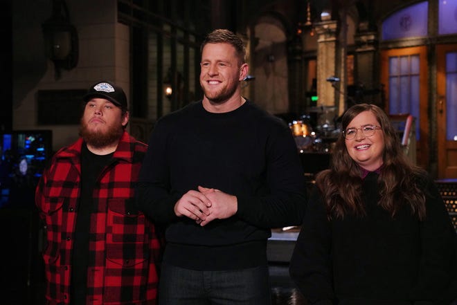 J.J. Watt hosted the Feb. 1, 2020 episode of "Saturday Night Live," featuring musical guest Luke Combs, left, and cast member Aidy Bryant.