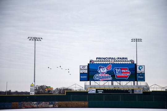 The Iowa Cubs Iowa Caucuses logo is displayed on the Principal Park video board on Caucus Day, Monday, Feb. 3, 2020 in Des Moines. The team played a game over the summer as the Iowa Caucuses. 