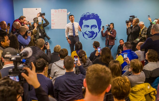 Former South Bend Mayor and Democratic presidential candidate Pete Buttigieg speaks to volunteers during a canvas kickoff event Monday, Feb. 3, 2020, inside a campaign office in West Des Moines, Iowa.