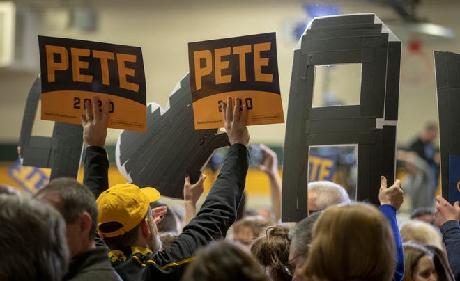 Pete Buttigieg supporters at Northwest Jr. High School in Coralville, Iowa, Sunday, Feb. 2, 2020. The event is in advance of Monday's Iowa Democratic caucuses, the first event in the party's choosing of their nominee for president.