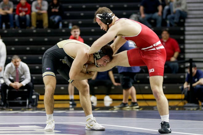 Purdue's Dylan Lydy wrestles Wisconsin's Jared Krattinger during a 174 pound bout in a Big Ten Duals wrestling match, Sunday, Feb. 2, 2020 at Holloway Gymnasium in West Lafayette.