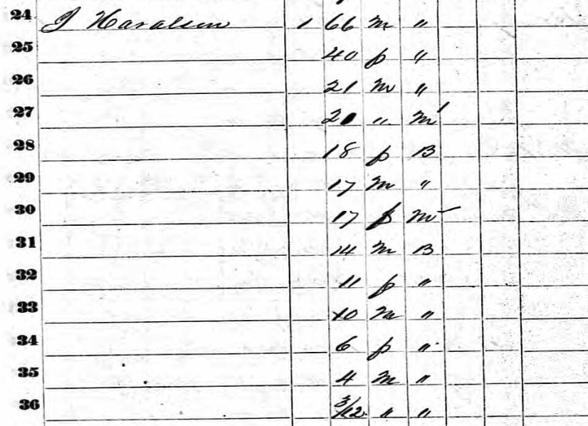 Slaveowners listed the men, women and children they held in bondage on the 1850 and 1860 Census. On July 6, 1860, Jonathan Haralson, a Selma attorney, reported holding 13 people in bondage. Line 31 lists a 14-year-old black male; this was likely Jeremiah Haralson.