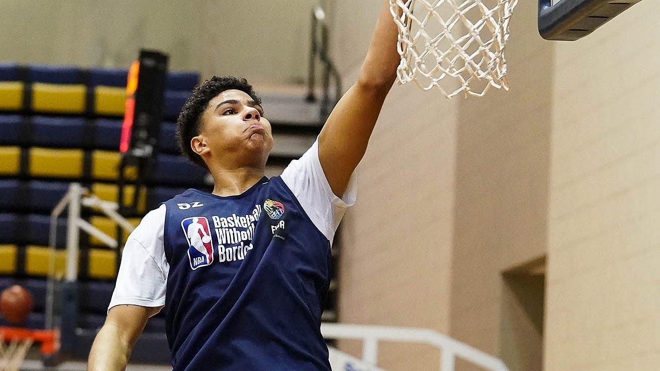 Killian Hayes makes a layup during practice at the All Star-Borders Global Camp at Queens University, Feb. 16, 2019 in Charlotte.