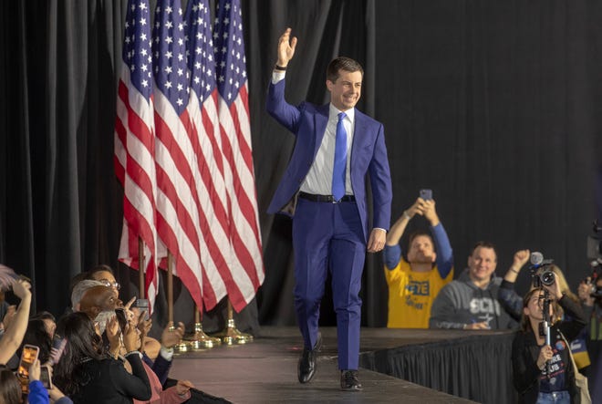 Pete Buttigieg, at a watch party for the South Bend, Ind. mayor and presidential candidate, Drake University, Des Moines, Iowa, Monday, Feb. 3, 2020.