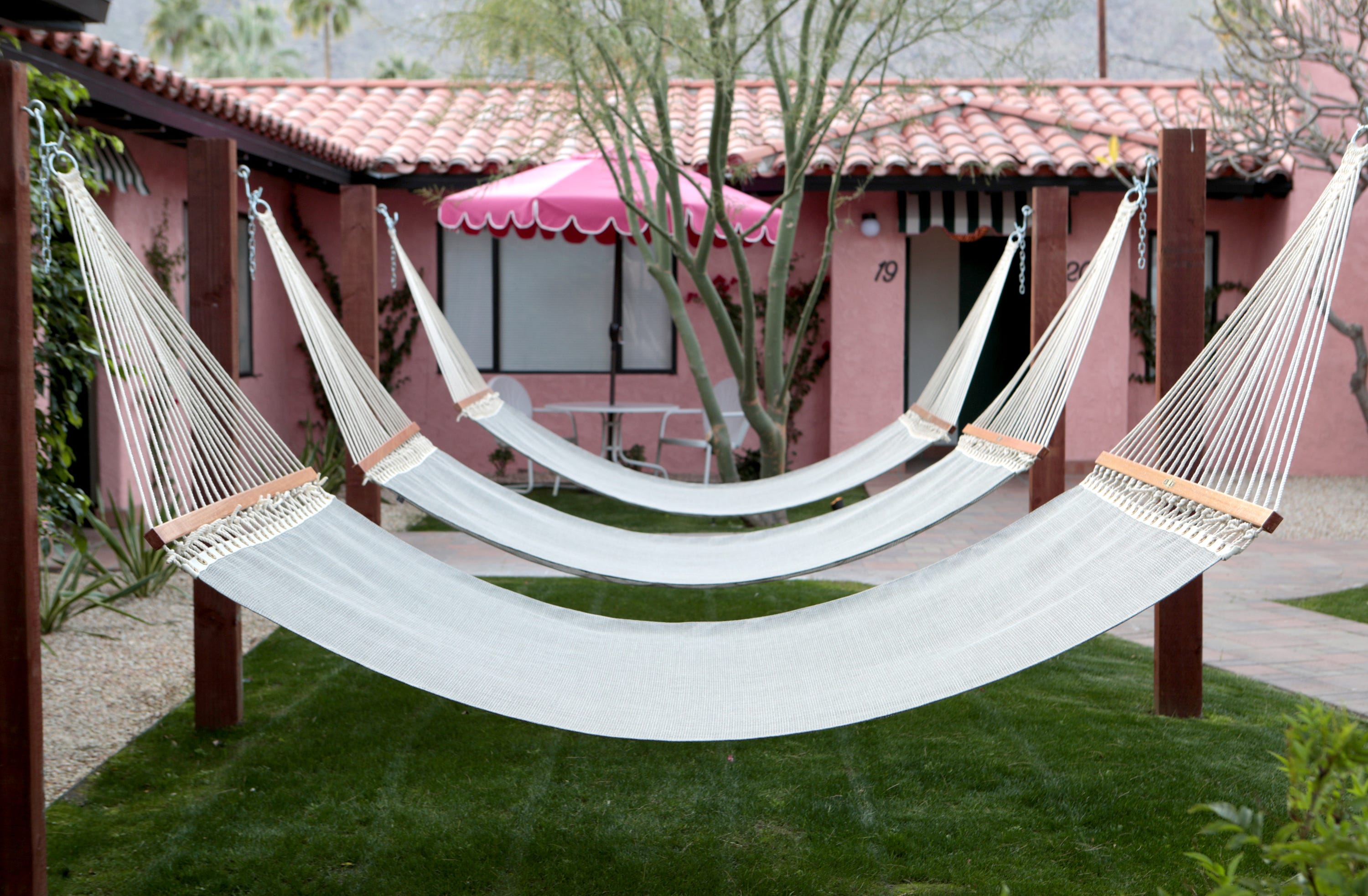 Hammocks at the boutique hotel Les Cactus in Palm Springs, Calif., on January 30, 2020.