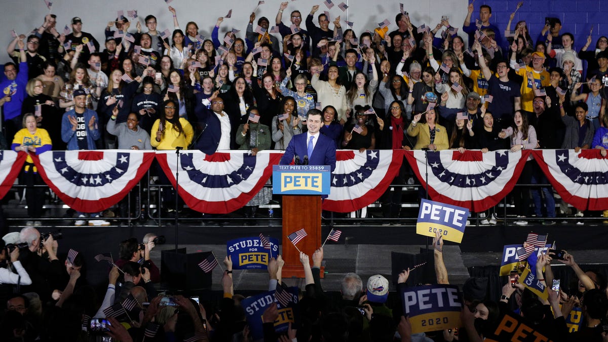 Democratic presidential candidate former South Bend, Indiana Mayor Pete Buttigieg takes the stage to address supporters during his caucus night watch party on February 03, 2020 in Des Moines, Iowa.  Iowa is the first contest in the 2020 presidential nominating process with the candidates then moving on to New Hampshire.