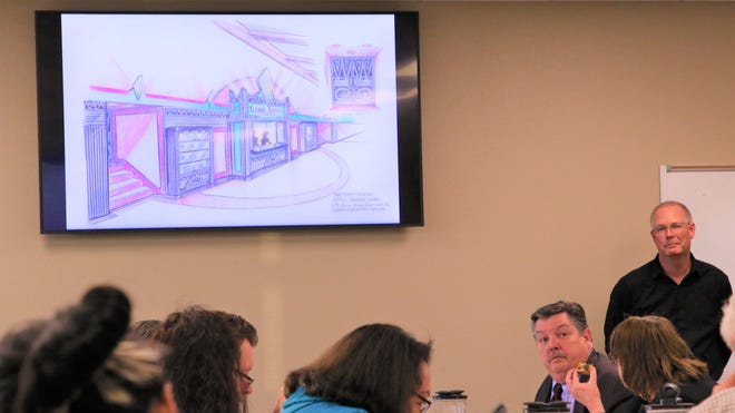 Chris Harrelson, senior director of the physical plant at San Juan College, presents proposed designs for the renovation of the San Juan College Little Theatre at the College Board's work session on Feb. 4, 2020, in Farmington.