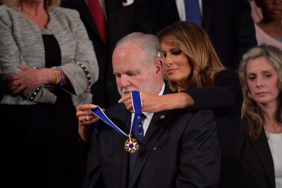 Rush Limbaugh receives the Medal of Freedom from first lady Melania Trump as President Donald Trump delivers the State of the Union address in Washington on Feb. 4.