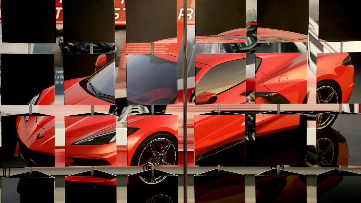 A moveable mural of the 2020 Corvette Stingray that when turned revels the sports car or behind the scenes of designers and engineers along with facts about the car.  It and many others ideas are on display for workers to see at the General Motors Warren Technical Center in Warren, Michigan on Friday, January, 31, 2020