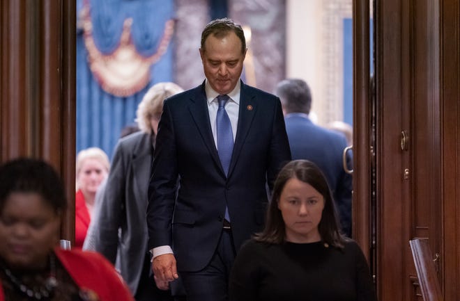 House Democratic impeachment manager, Intelligence Committee Chairman Adam Schiff, D-Calif., leaves the Senate chamber after the acquittal of President Donald Trump on charges of abuse of power and obstruction of Congress, at the Capitol in Washington, Wednesday, Feb. 5, 2020. (AP Photo/J. Scott Applewhite)