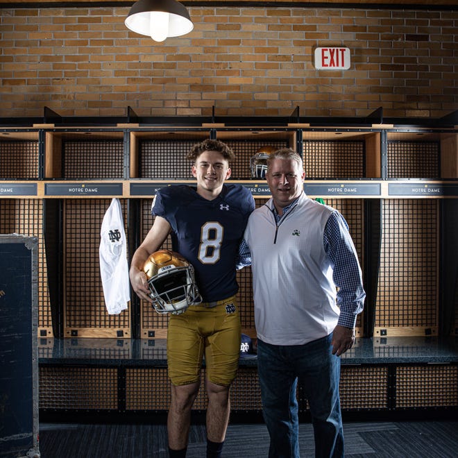 Richmond junior kicker Gage Puterbaugh poses with Notre Dame special teams coordinator Brian Polian during an unofficial visit in South Bend on Saturday, Feb. 1, 2020.